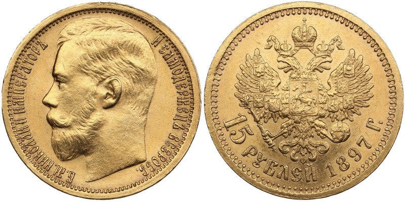 Russia 15 Roubles 1897 АГ - Nicholas II (1894-1917)
12.89g. 900‰. AU/UNC. "CC" b...