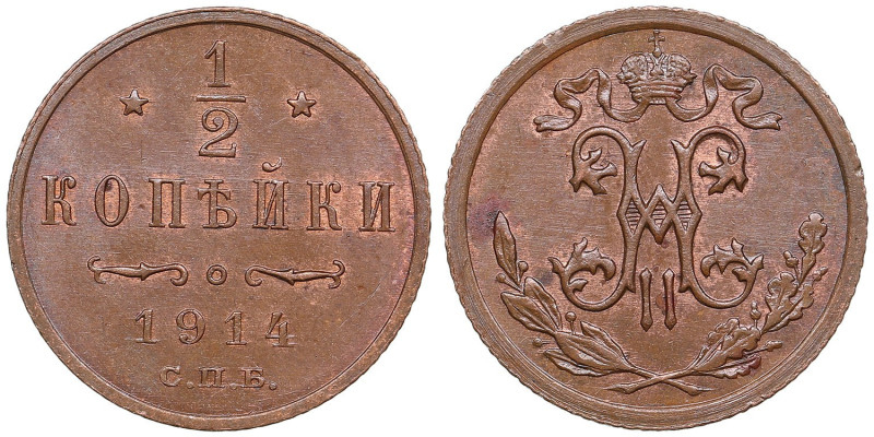 Russia 1/2 Kopecks 1914 СПБ - Nicholas II (1894-1917)
1.60g. UNC/UNC. Remnants o...