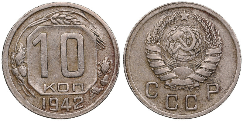 Russia (USSR) 10 Kopecks 1942
1.86g. XF/XF. Nice exemplar with fine patina. Key ...