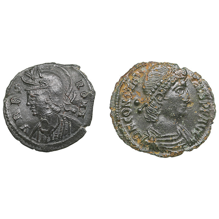 Late Roman Empire Æ Nummi (2)
AU/AU. Lot includes:Obv.: VRBS ROMA, helmeted bust...