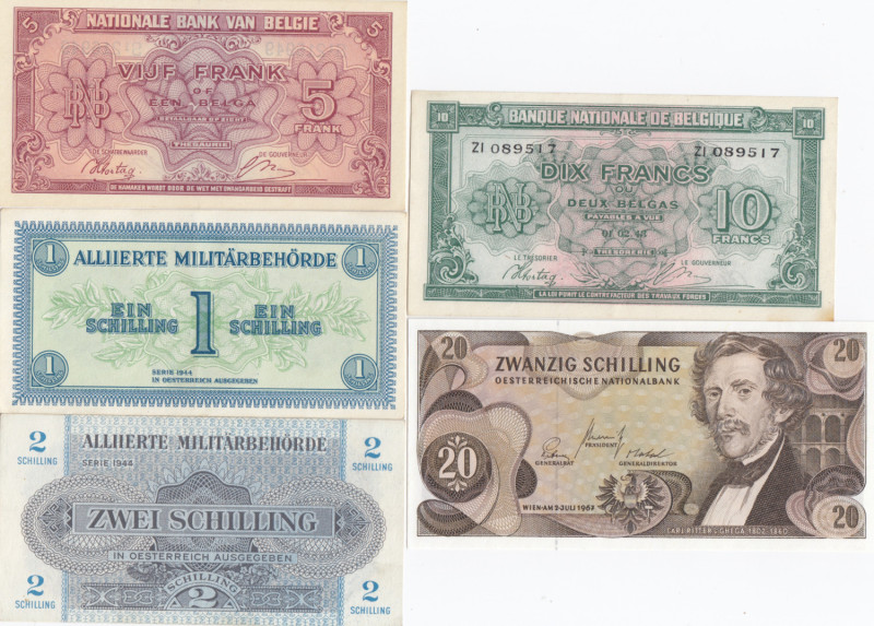 Group of Austria & Belgium Banknotes (5)
AU/UNC.