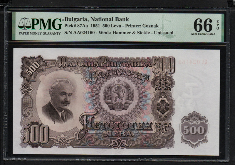 Bulgaria 500 Leva 1951 - PMG 66 EPQ Gem Uncirculated
Bulgaria, National Bank. Pi...