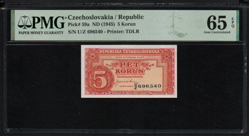 Chechoslovakia 5 Korun 1945 - PMG 65 EPQ Gem Uncirculated
Chechoslovakia/ Republ...