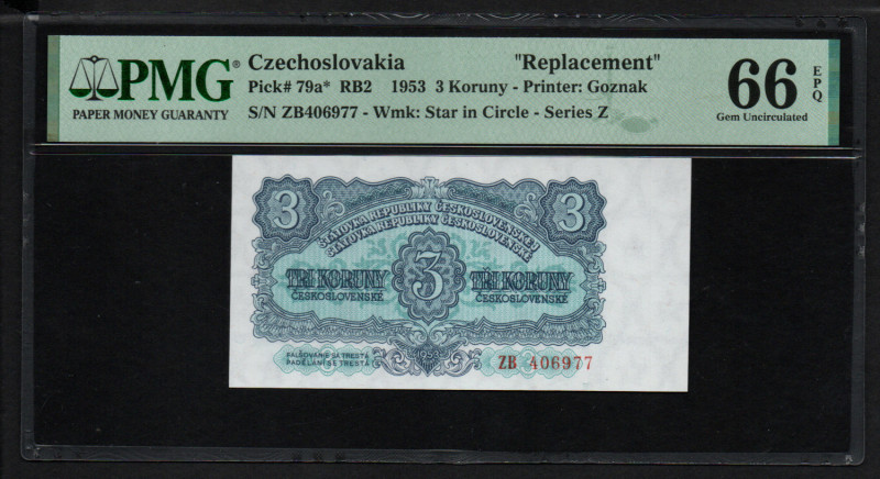 Czechoslovakia 3 Koruny 1953 - PMG 66 EPQ Gem Uncirculated
Czechoslovakia, Peopl...