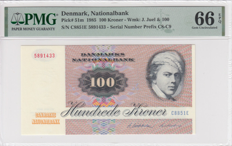 Denmark 100 Kroner 1985 - PMG 66 EPQ Gem Uncirculated
Nationalbank. Only two spe...