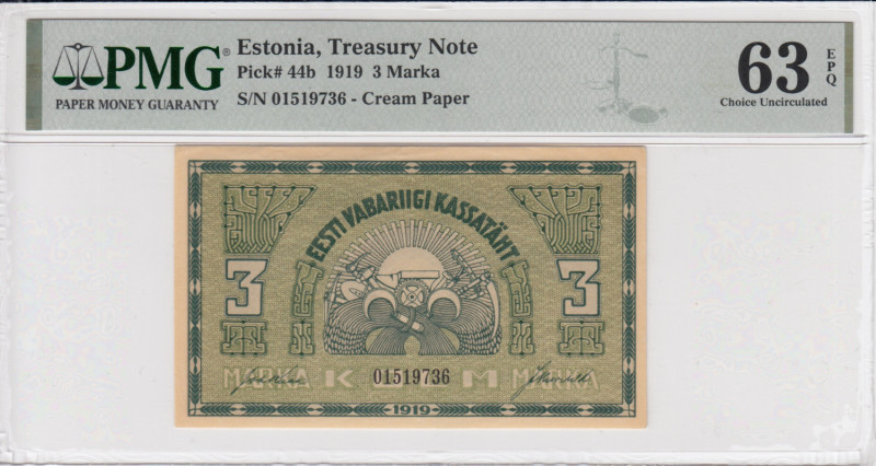 Estonia 3 Marka 1919 - PMG 63 EPQ Choice Uncirculated
Pick 44b.