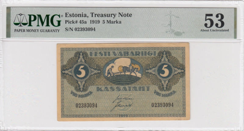 Estonia 5 Marka 1919 - PMG 53 About Uncirculated
Pick 45a.