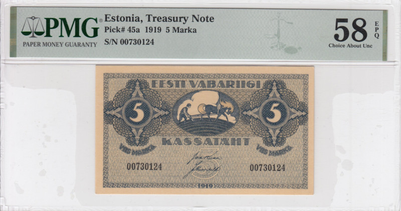 Estonia 5 Marka 1919 - PMG 58 EPQ Choice About Unc
Pick 45a.