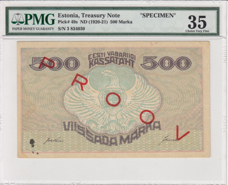 Estonia 500 Marka ND (1920-21) - SPECIMEN - PMG 35 Choice Very Fine
Pick 49s. Ra...