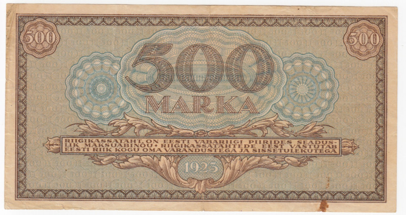 Estonia 500 Marka 1923
VF. Pick 52a. Rare.