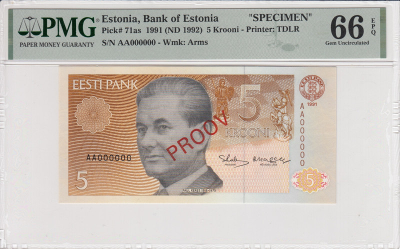 Estonia 5 Krooni 1991 (ND 1992) - Specimen - PMG 66 EPQ Gem Uncirculated
Pick 71...