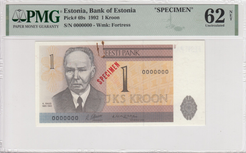 Estonia 1 Kroon 1992 - Specimen - PMG NET 62 Uncirculated
Pick 69s