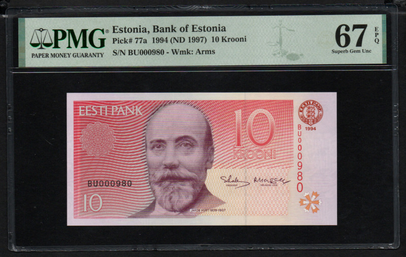 Estonia 10 Krooni 1994-97 - PMG 67 EPQ Superb Gem Unc
Estonia, Bank of Estonia, ...