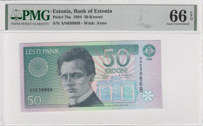 Estonia 50 Krooni 1994 - PMG 66 EPQ Gem Uncirculated
Pick 78a.