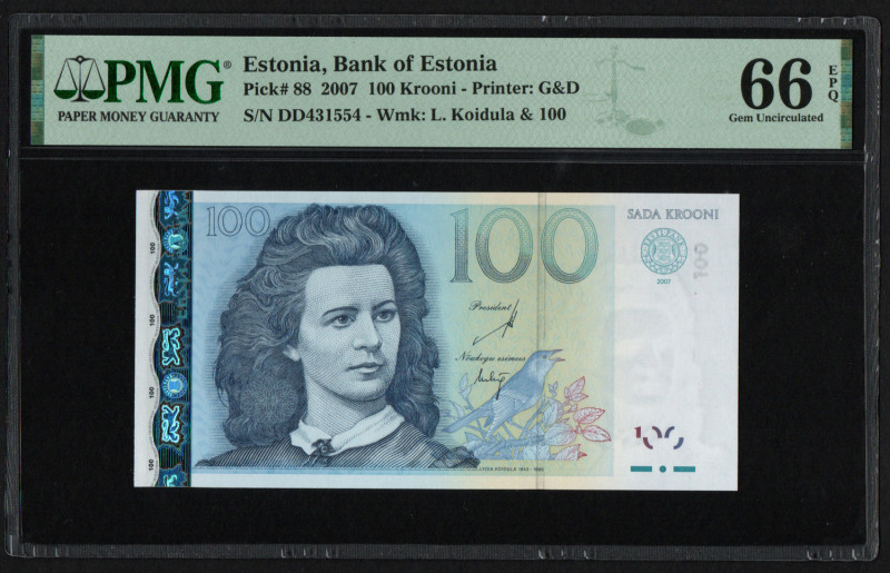 Estonia 100 Krooni 2007 - PMG 66 EPQ Gem Uncirculated
Bank of Estonia. Pick 88. ...