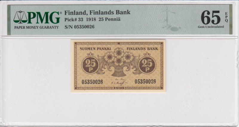 Finland 25 Penniä 1918 - PMG 65 EPQ Gem Uncirculated
Finlands Bank. Pick 33. 