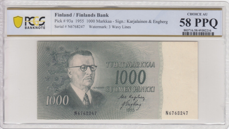 Finland 1000 Markkaa 1955 - PCGS 58 PPQ CHOICE AU
Pick 93a.