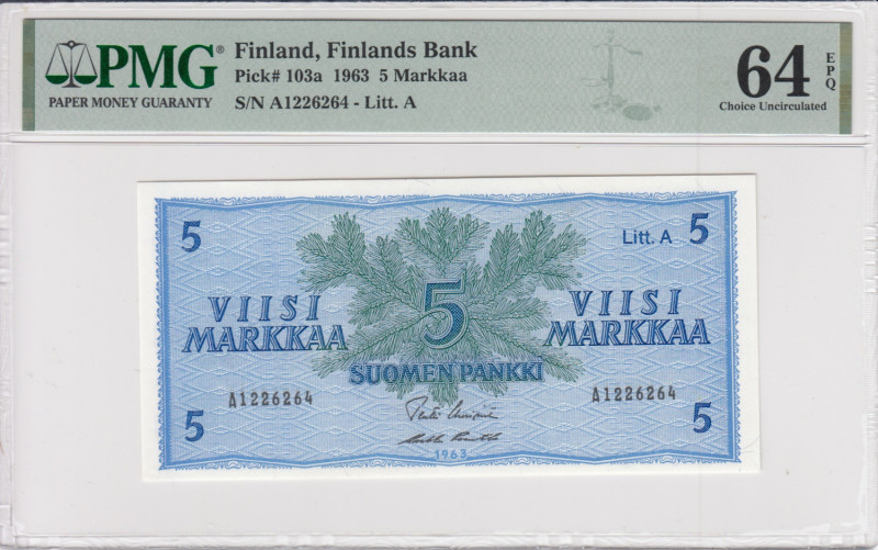 Finland 5 Markkaa 1963 - PMG 64 EPQ Choice Uncirculated
Finlands Bank. Only two ...