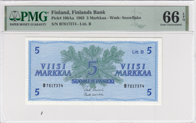 Finland 5 Markkaa 1963 - PMG 66 EPQ Gem Uncirculated
Finlands Bank. Pick 106Aa. ...