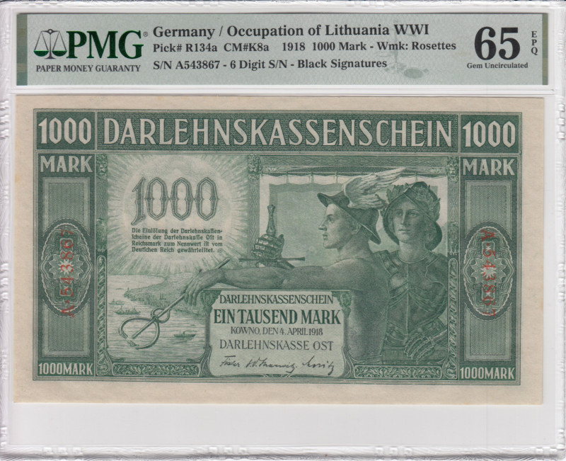 Germany (Occupation of Lithuania WWI, Kowno) 1000 Mark 1918 - PMG 65 EPQ Gem Unc...