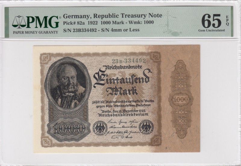 Germany 1000 Mark 1922 - PMG 65 EPQ Gem Uncirculated
Republic Treasury Note. Pic...