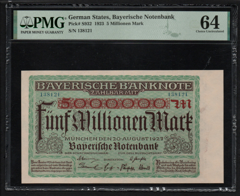 Germany 5 Millionen Mark 1923 - PMG 64 Choice Uncirculated
German States, Bayeri...