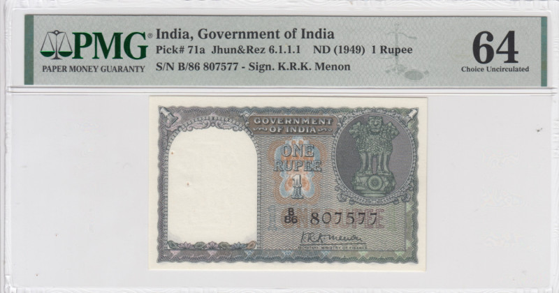 India 1 Rupee ND (1949) - PMG 64 Choice Uncirculated
Government of India. Pick 7...