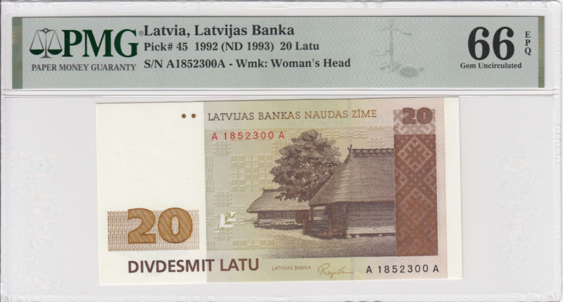 Latvia 20 Latu 1992 (ND 1993) - PMG 66 EPQ Gem Uncirculated
Latvijas Banka. Pick...