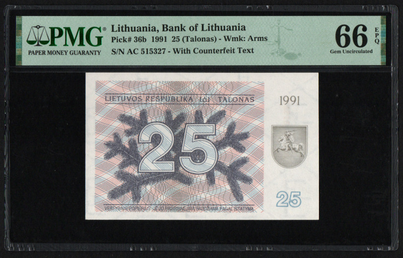 Lithuania 25 Talonas 1991 - PMG 66 EPQ Gem Uncirculated
Pick 36b. With Counterfe...