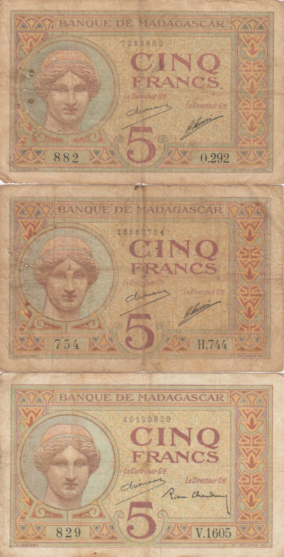 Madagascar 5 Francs 1937 (3)
Various. Pick 37.