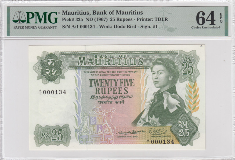 Mauritius 25 Rupees 1967 - PMG 64 EPQ Choice Uncirculated
Pick 32a. Low Serial N...