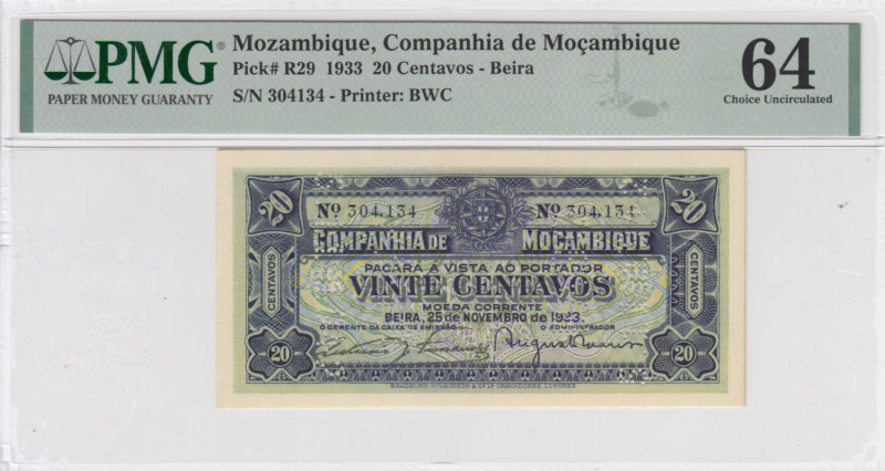 Mozambique 20 Centavos 1933 - PMG 64 Choice Uncirculated
Beira. Companhia de Moç...