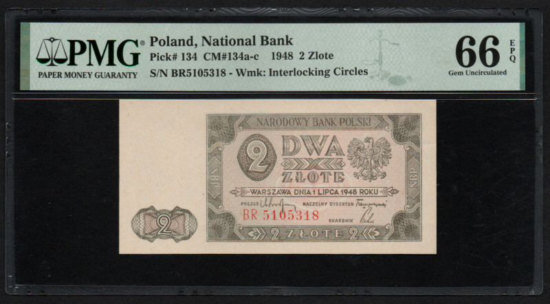 Poland 2 Zlote 1948 - PMG 66 EPQ Gem Uncirculated
Pick 134. Wmk: Interlocking Ci...