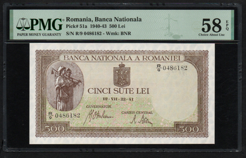 Romania 500 Lei (1940-43) - PMG 58 EPQ Choice About Unc
Pick 51a. Wmk: BNR.