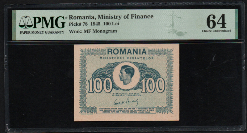 Romania 100 Lei 1945 - PMG 64 Choice Uncirculated
Romania, Ministry of Finance, ...