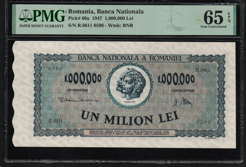 Romania 1,000,000 Lei 1947 - PMG 65 EPQ Gem Uncirculated
Pick 60a. Wmk: BNR.