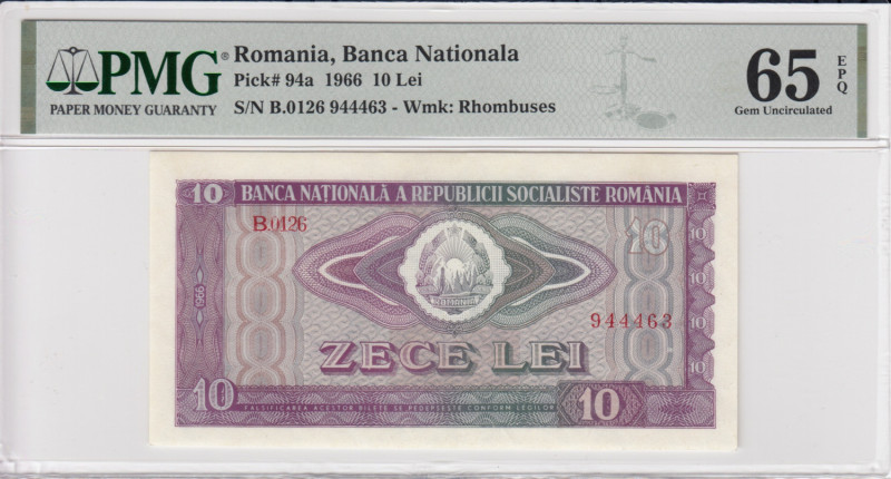 Romania 10 Lei 1966 - PMG 65 EPQ Gem Uncirculated
Banca Nationala. Pick 94a. Wmk...