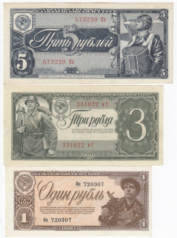 Collection Russian (USSR) paper money: 1, 3, 5 Roubles 1938 (3)
Various conditio...