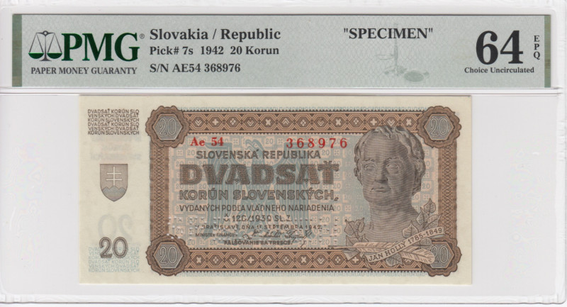 Slovakia 20 Korun 1942 - SPECIMEN - PMG 64 EPQ Choice Uncirculated
Republic. Pic...