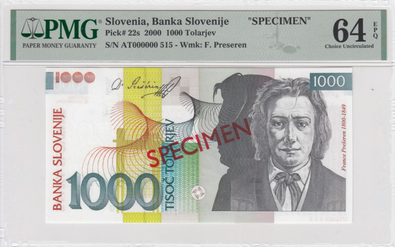 Slovenia 1000 Tolarjev 2000 Specimen - PMG 64 EPQ Choice Uncirculated
Pick 22s.