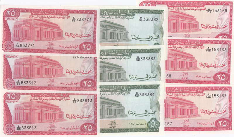 Sudan 25 & 50 Piastres 1978,1980 Sequential # (9)
UNC. Pick 11b,c, 12c.