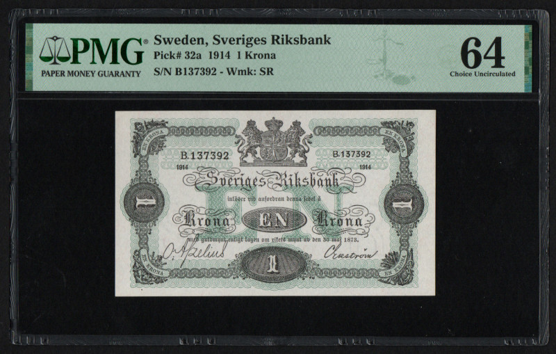 Sweden 1 Krona 1914 - PMG 64 Choice Uncirculated
Sveriges Riksbank. Pick 32a. Wm...