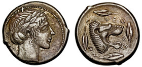 † Sicily, Leontinoi, silver Tetradrachm, c. 450-440 BC, laureate head of Apollo right, rev. LEO-NT-I-NO-N, head of roaring lion right, four barley gra...