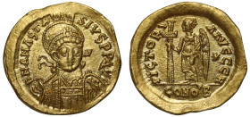 Anastasius (491 - 518), gold Solidus, Constantinople, officina H, D N ANASTA-SIVS P P ΔVI, helmeted bust three quarters facing, pearl diademed, holdin...