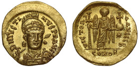 Justin I (518 – 527), gold Solidus, Constantinople, officina B, D N IVSTINVS P P AVC, helmeted bust three quarters facing, holding spear and shield de...