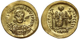Justinian (527 –565), gold Solidus, Constantinople, officina I, D N IVSTINIANVS P P AVC, helmeted bust three quarters facing, holding spear and shield...