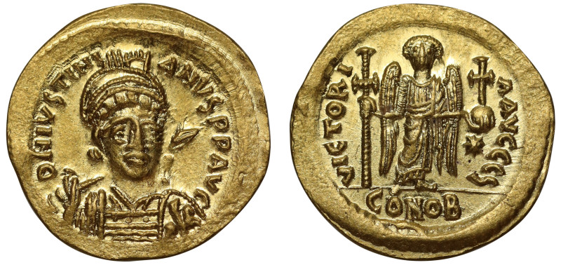 Justinian (527 –565), gold Solidus, Constantinople, officina S, D N IVSTINIANVS ...