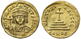 Tiberius II Constantine (578 –582), gold Solidus, Constantinople, officina Є, ∂N Tib CONS-TANT P P AVI, crowned and cuirassed bust facing, holding glo...