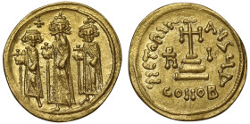 Heraclius, Heraclius Constantine & Heraclonas (AD 641), gold Solidus, Constantinople, officina Δ, Heraclius standing facing between Heraclius Constant...