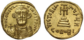 Constans II (641 –668), gold Solidus, Constantinople, officina H, ∂N CONSTAN - TINЧS PP AV, facing bust, short beard, holding globus cruciger, rev. VI...